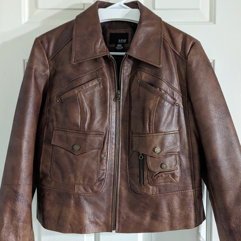 A.N.A Motorcycle Leather Jacket Collared Brown Size Women's Large